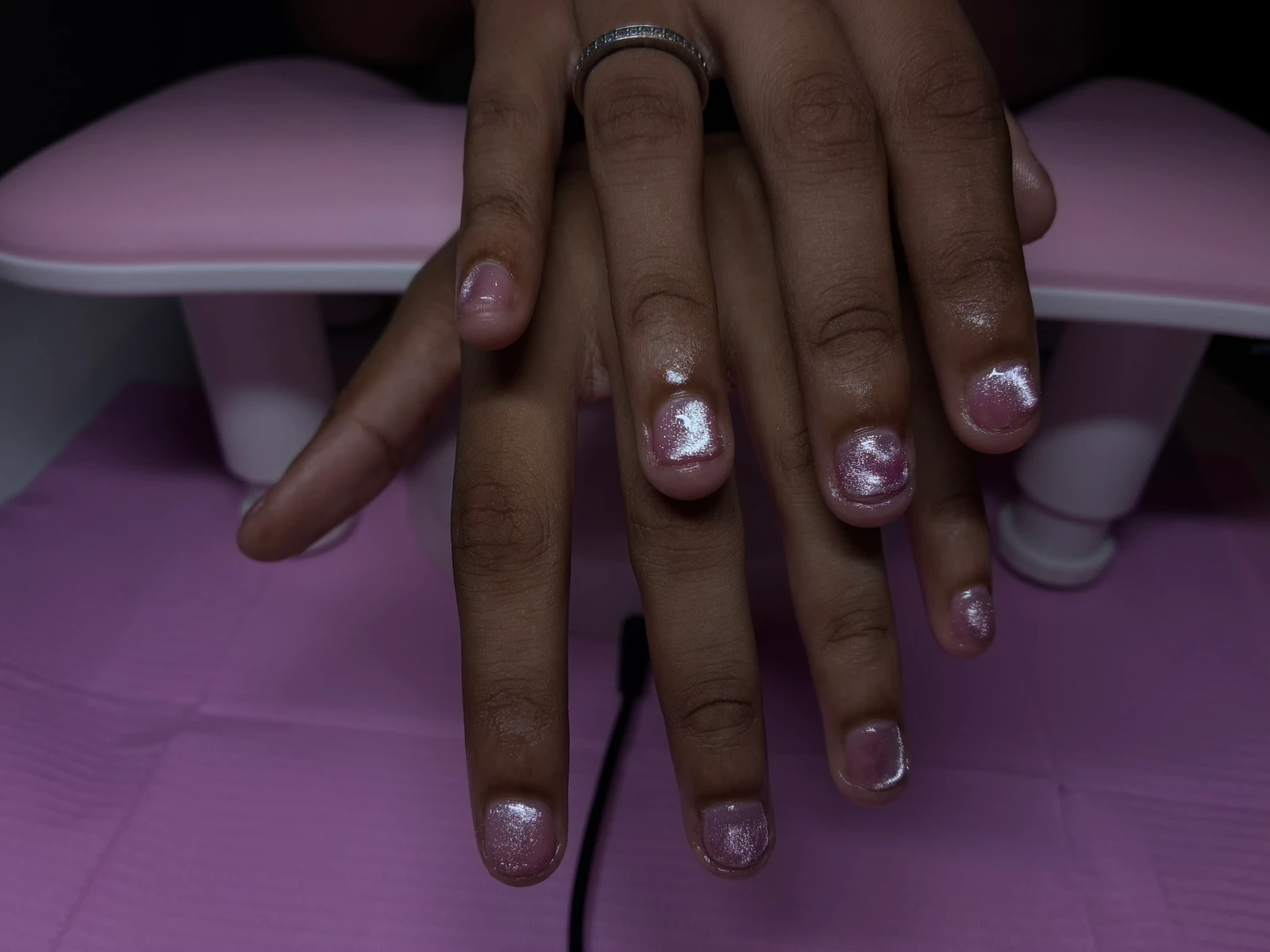 pink cat-eye builder manicure on short nails, photographed by patchwork nails